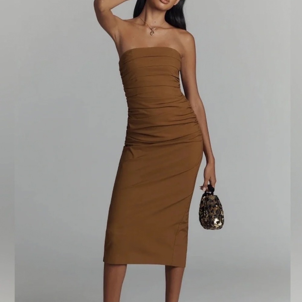 Tobacco Brown the soleil slim Strapless Ruched Midi Dress Stretch Cotton Blend